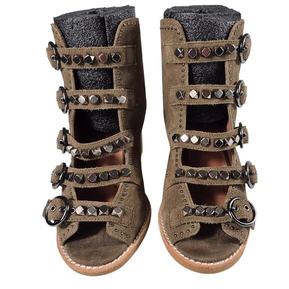 Jeffrey Campbell Taupe Suede Boots Buckle Studded Peep Toe Heels Shoes Sandals 7 - Picture 2 of 5